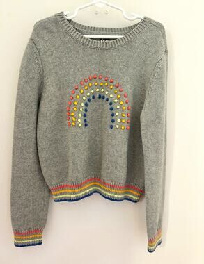 Tea Collection Girls Gray Rainbow Knit Pullover Sweater Cotton Crewneck 8-10